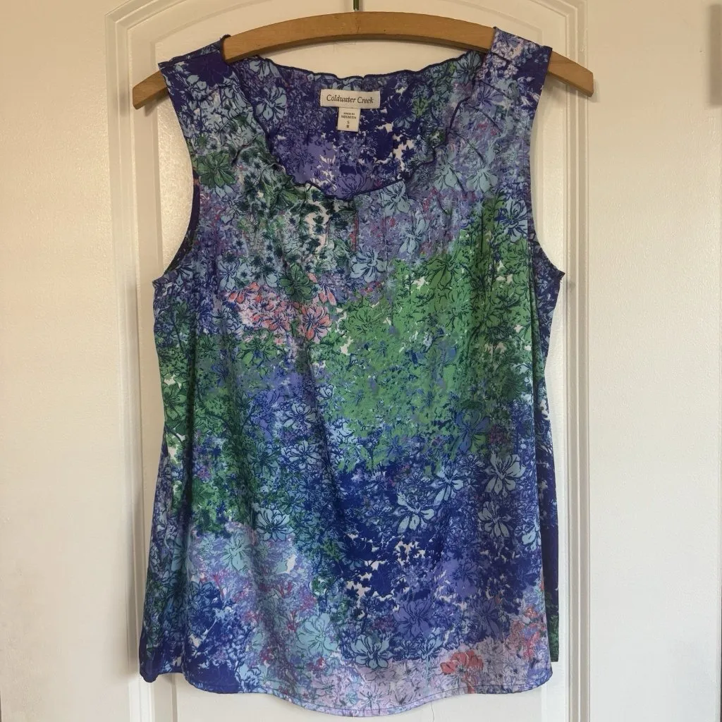 Coldwater Creek Blouse Womens Small Multicolor Blue Green Floral Sleeveless Top - Image 3
