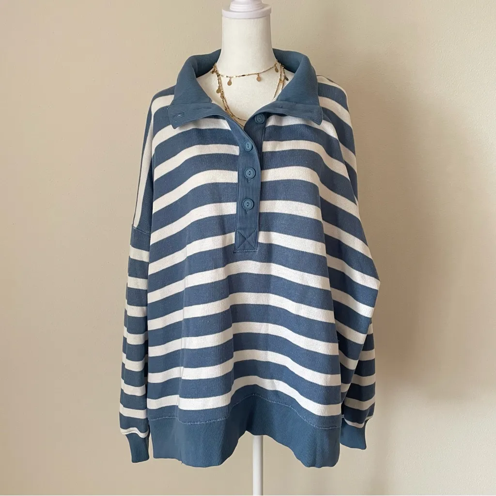 American Eagle Soft Oversized Big Hug Henley Sweatshirt Blue White Stripe‎ XL - Image 3