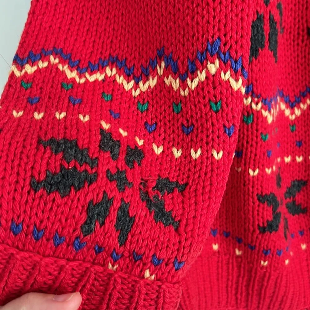 Vintage Shetland 100% Wool Sweater Fair Isle Chunky Knit holiday / Christmas Red Size L - Image 2