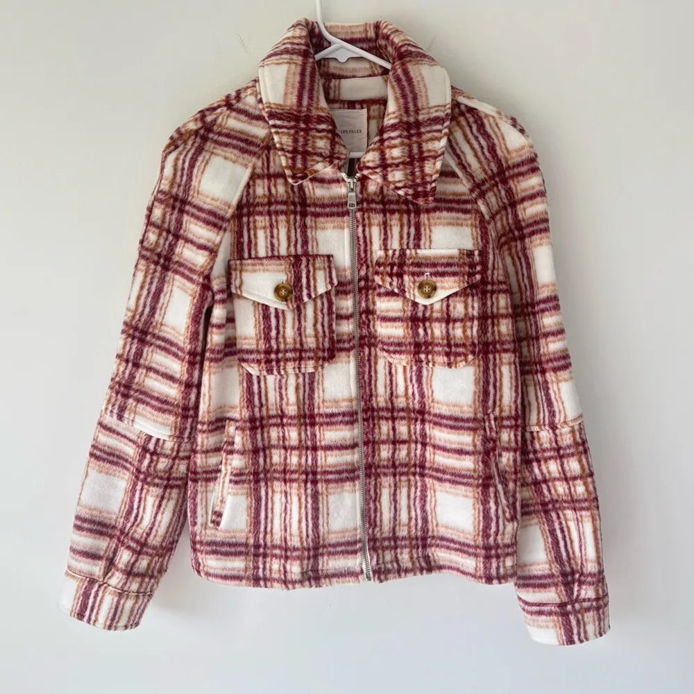 Avec Les Filles Plaid Zip Up Jacket Fleece White Pink Orange Shacket Cropped - Image 2