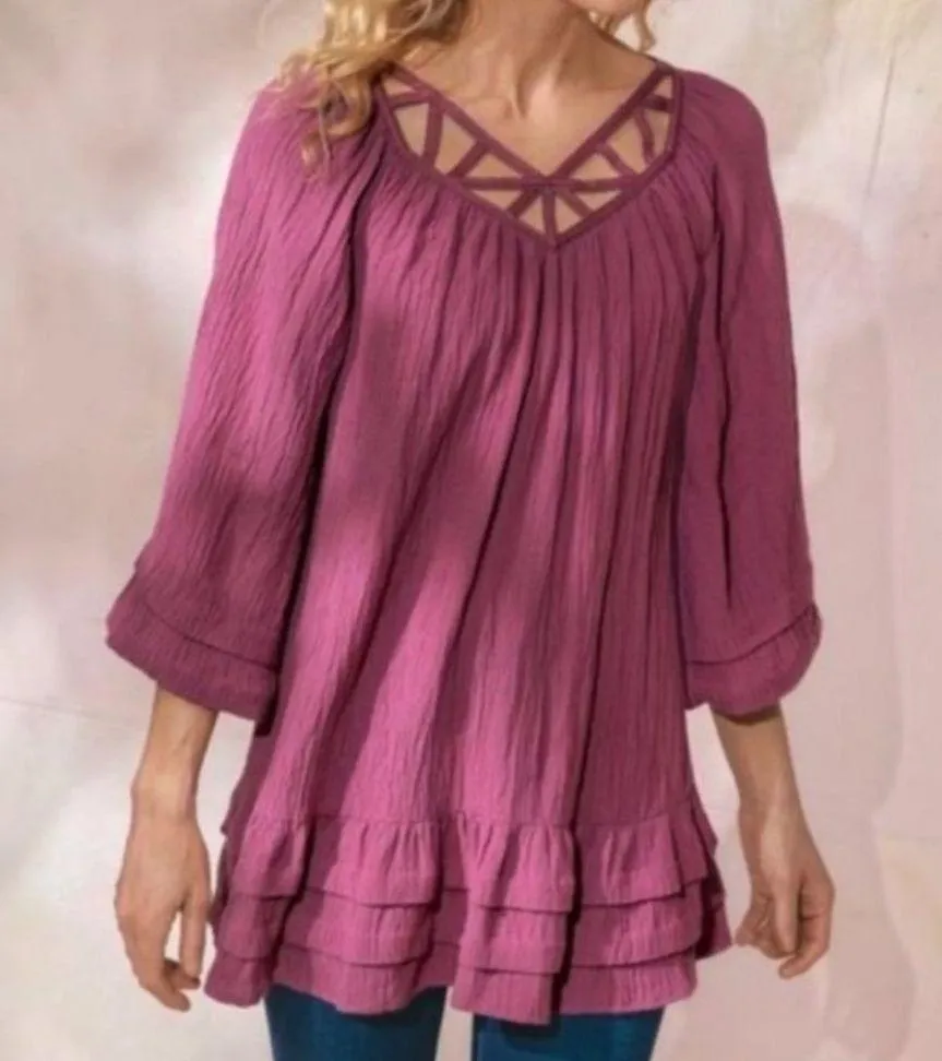 Soft Surroundings Mahdia Blouse Boho Crinkle Gauze Tunic Dry Rose Women's Size M - Image 2