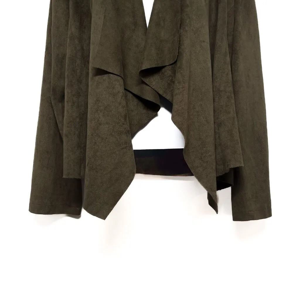 Suede Draped Waterfall Open Front Cardigan Cropped Jacket Olive Green Umgee - Image 5