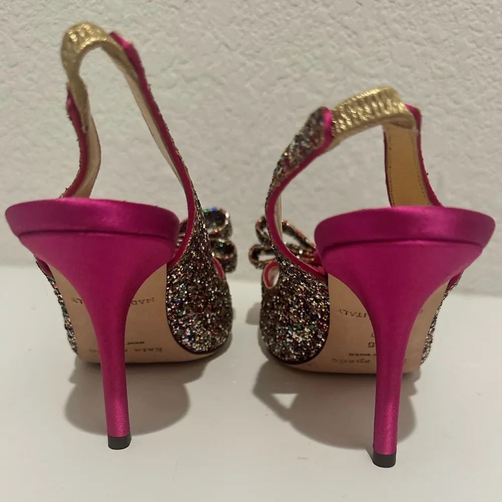 Kate Spade Charm Hot Pink Satin & Rainbow Sparkle Glitter Slingback Heels Size 6 - Image 6