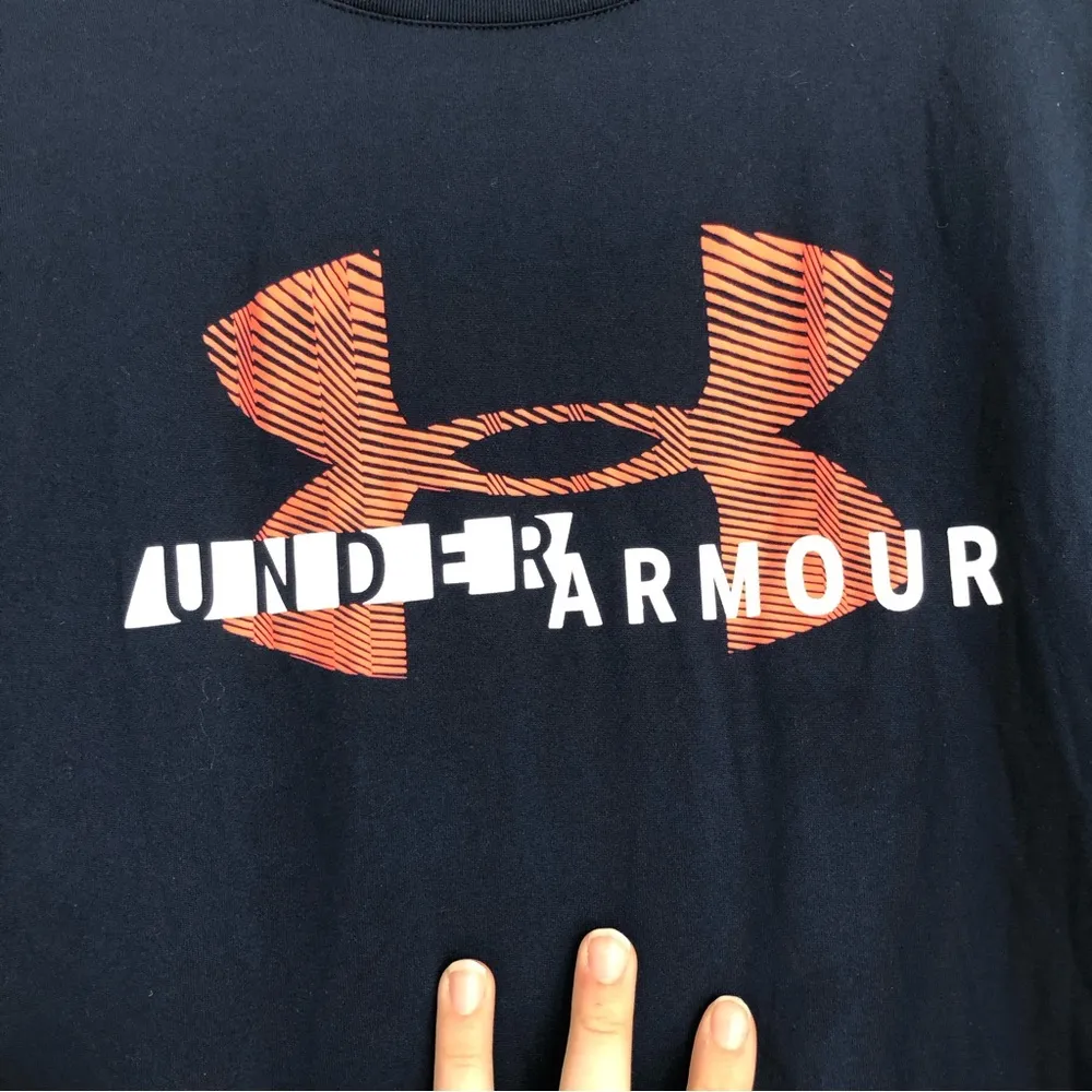 Under Armour navy blue athletic t-shirt neon orange pink logo women’s medium - Image 5