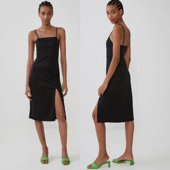 NWT ZARA Textured Weave Slip Dress Black - Image 2