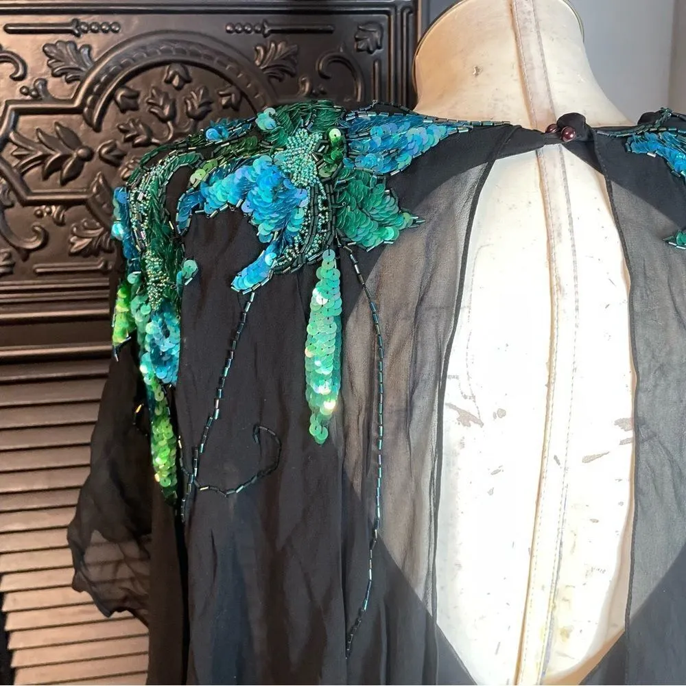 1980s Casadei Black Ruched Turquoise Sequined Gatsby Deco Flapper Dress Cape 12‎ - Image 8