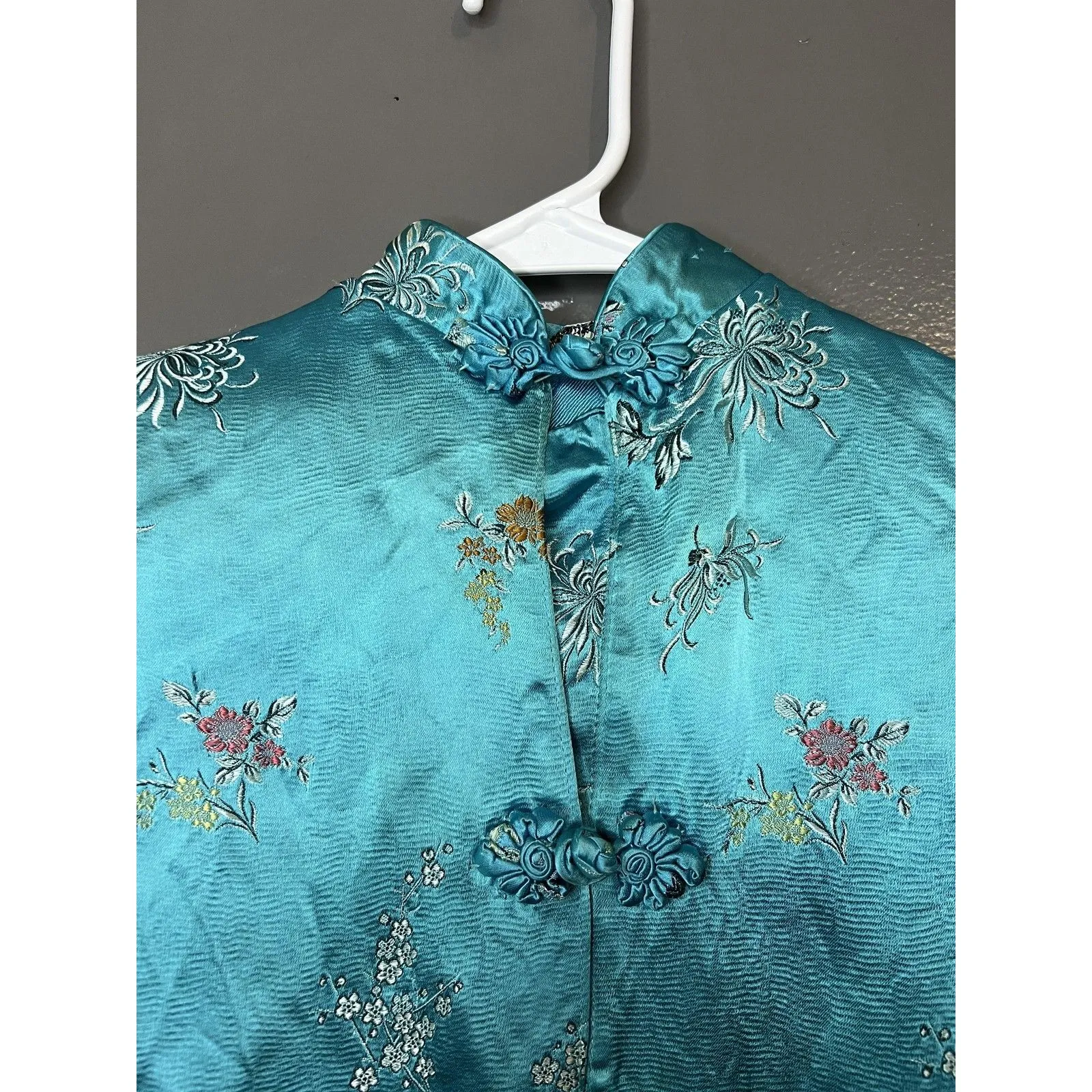 Vintage Great Lion Jacket Womens XS Teal Silk Embroidered Mandarin Hong Kong 60s Blue - Image 3