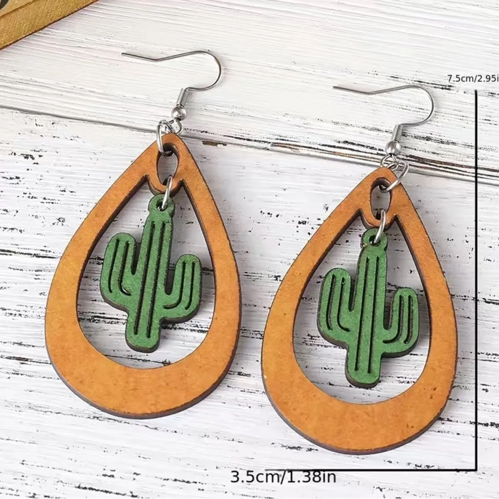 Western ethnic style cactus hollow water drop dangle wooden‎ earrings Tan - Image 6