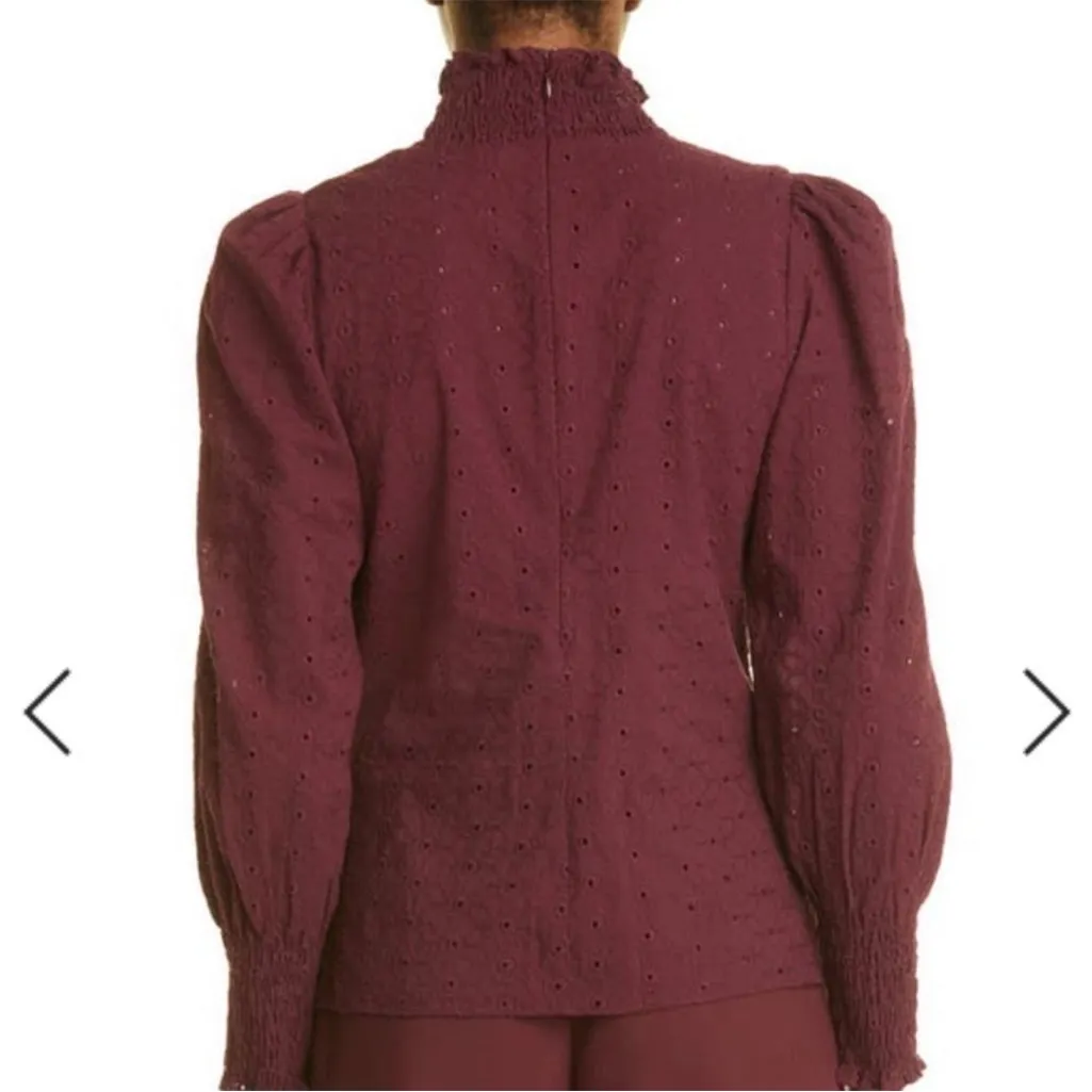 Veronica Beard Gaia Smocked Cotton Eyelet High Neck Merlot Burgundy Top Size 6 - Image 9