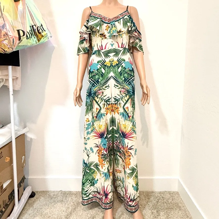 Flying Tomato ruffle cold shoulder wide leg jumpsuit medium P3 2530 - Image 12