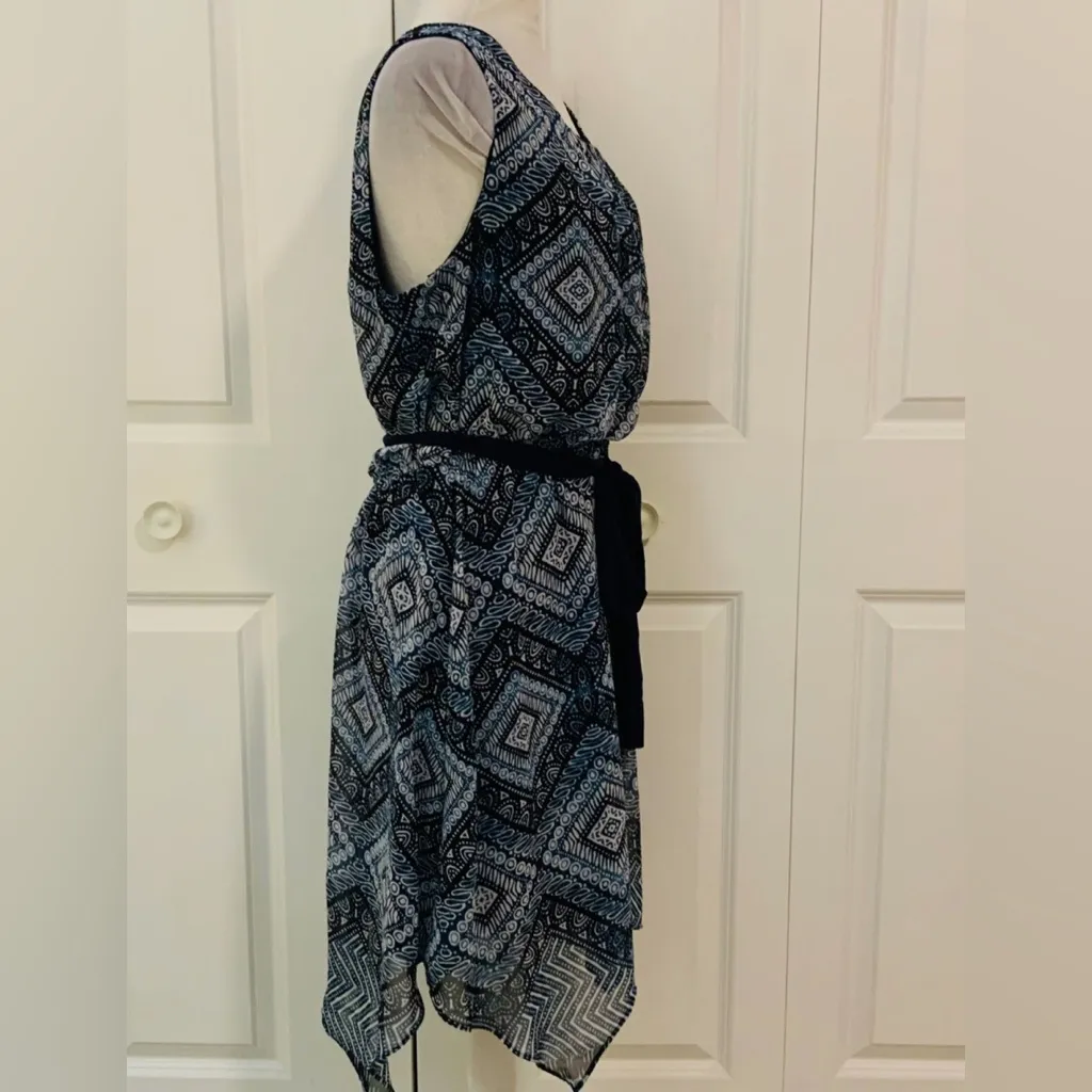 AB Studio Blue Print Sleeveless Belted Defined Waist Knee Length Dress M - Image 4