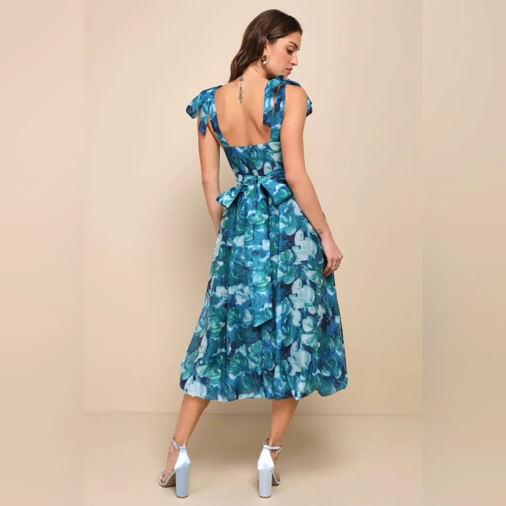 LULU’S Flowering Day Dream Teal Blue Floral Organza Midi Bubble Dress - Image 5