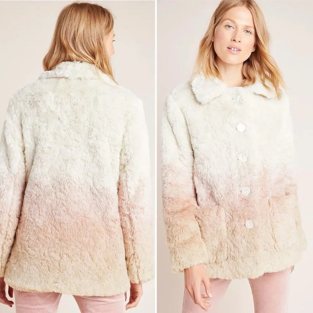 Anthropologie Blush Ombré Faux Fur Coat Boho Teddy Jacket Women’s Size Medium - Image 8