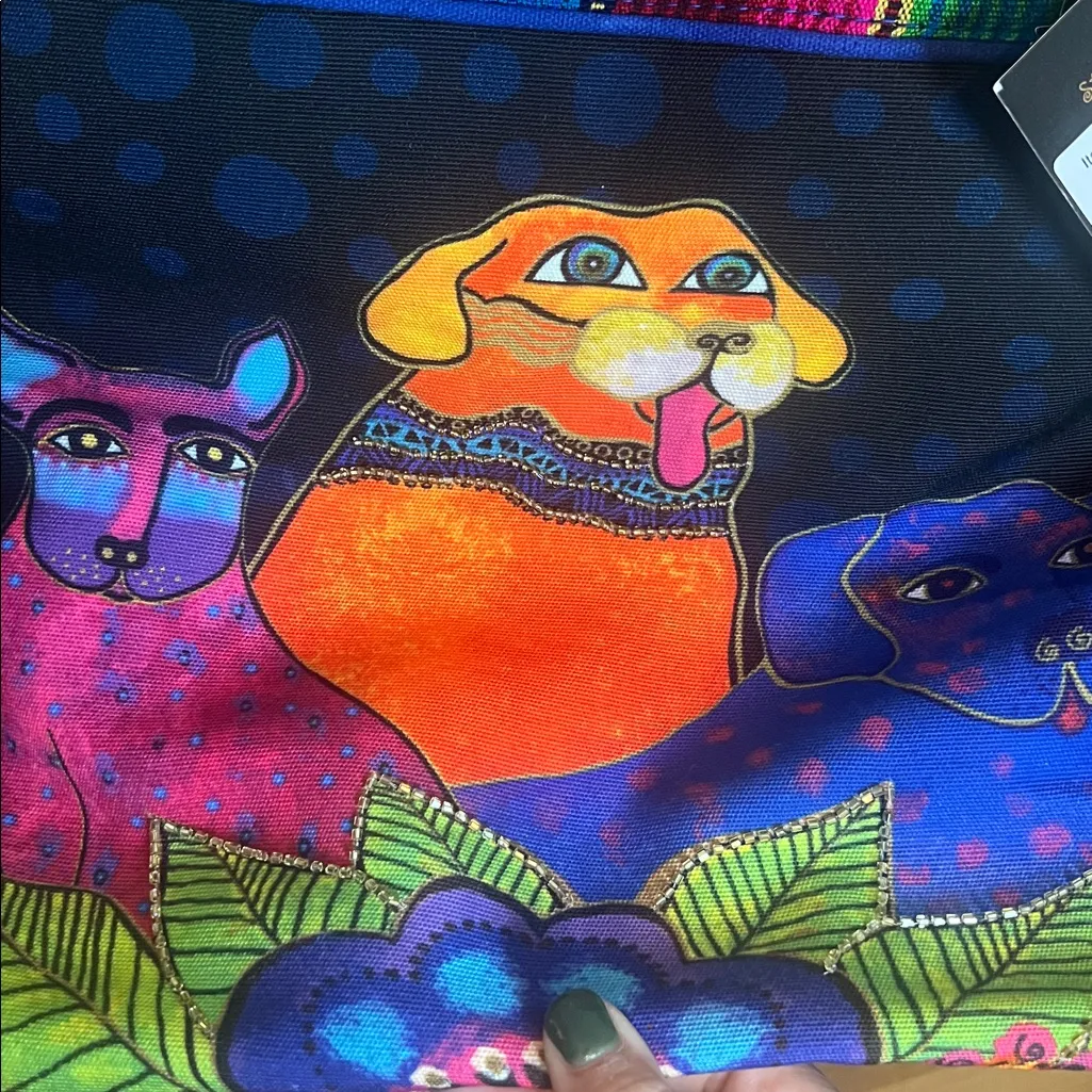 NWT Laurel Burch Three Amigos Dog Cat Large Tote Bag Zip Shoulder Purse Canvas Black - Image 5