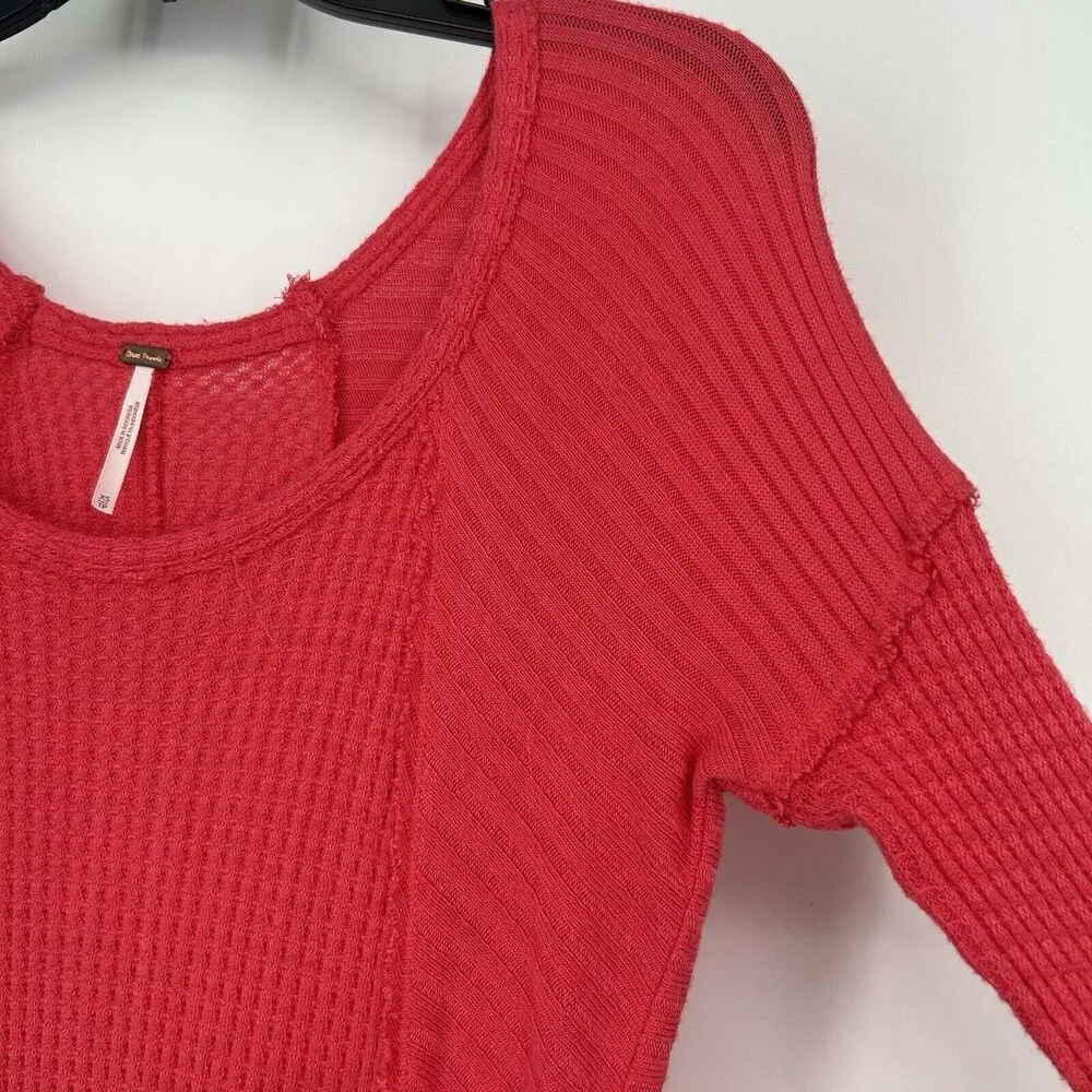 Free People Drippy Thermal Tunic Top Waffle Knit Pink High Low Long Slee… - Image 4