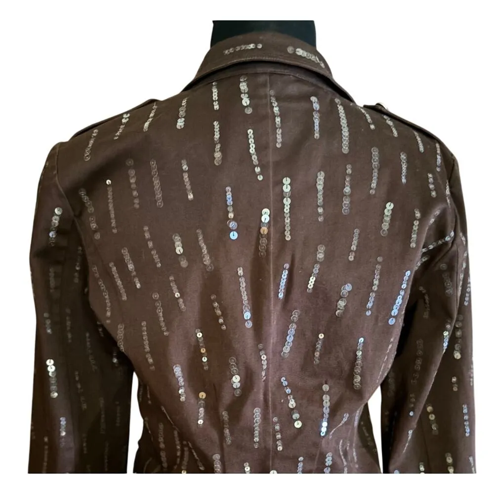 Cache Brown Sequin Encrusted Gemstone Buttons Jacket Top Fitted Stretch $198 NWT - Image 3