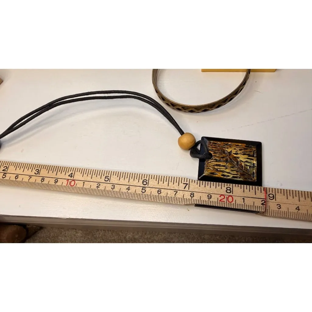 Vintage Brass Bangle & Black Cord Necklace With Textured Pendant And Wooden Bead - Image 7