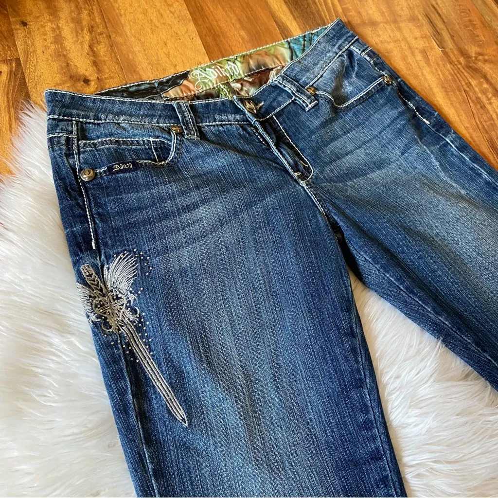 Y2k Adiktd Embroidered Angel Wings Jeans Blue Size 28 - Image 6