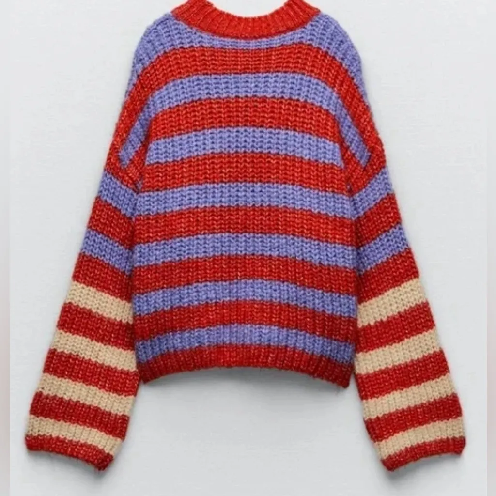 ZARA Chunky Knit Crew Neck Oversized Striped‎ Sweater Balloon Sleeves Size Small - Image 8