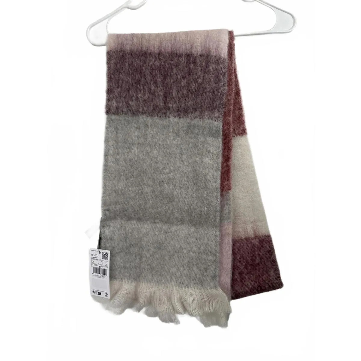 Mango Wool Blend Ombre Multi-Coloured Fringed Scarf Burgundy Cream Gray NWT - Image 4