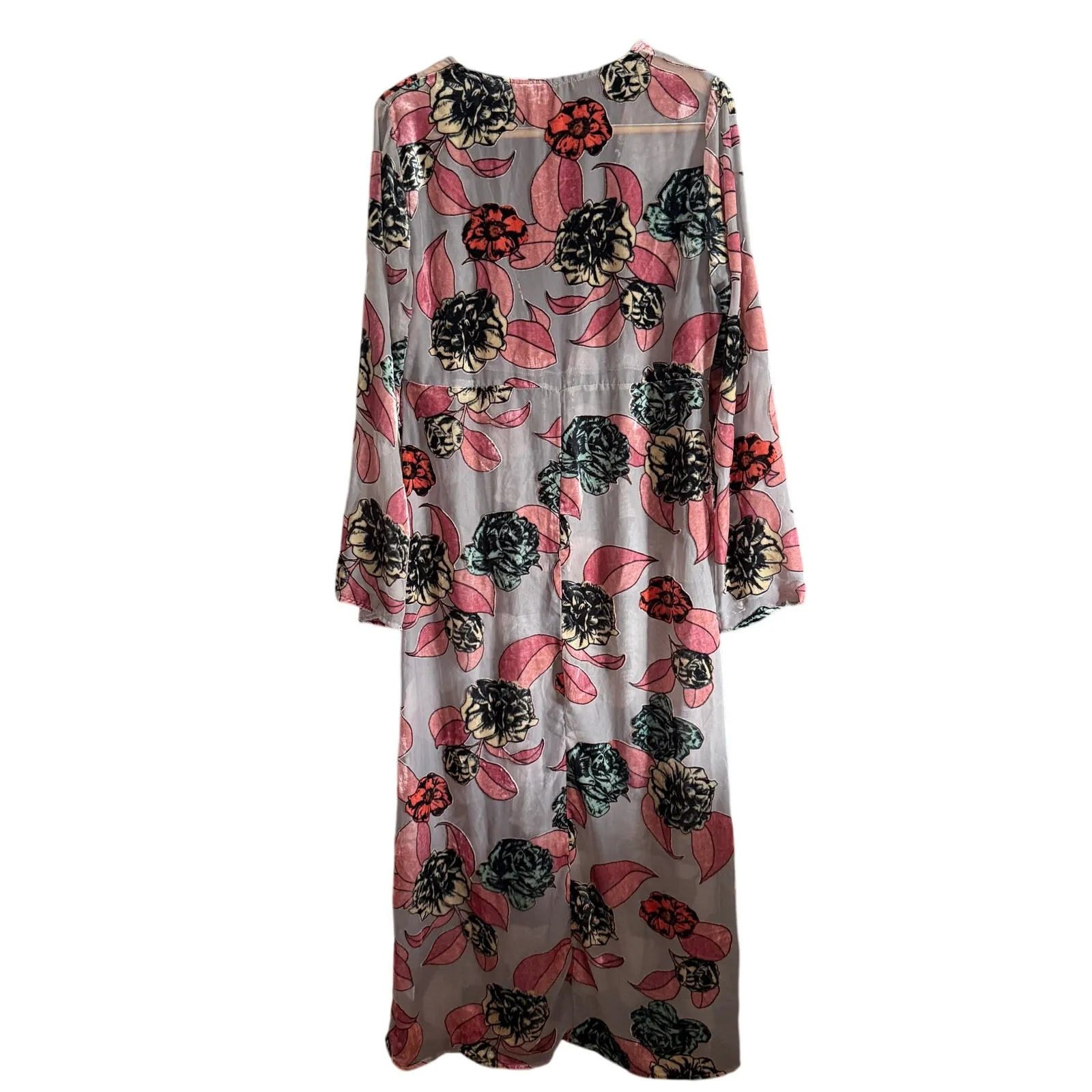 EN CREME Pink and green Burnout Velvet Maxi Tie Front Duster Swim Cover up Large - Image 2