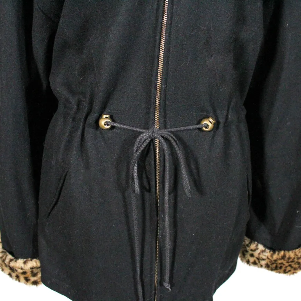 Vintage 1990s Herman Kay Black Wool Coat Leopard Faux Fur Trim Hood Grunge 90s Size 14 - Image 5