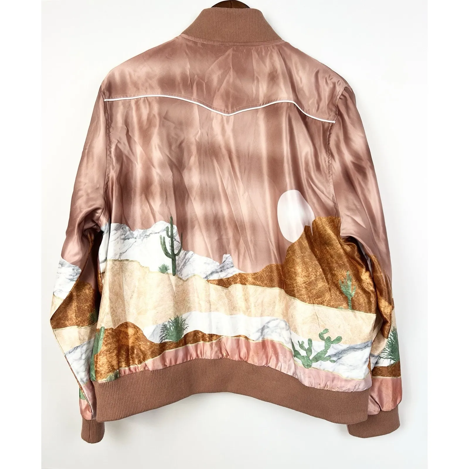 Hooey Satin Bomber Jacket XL Women’s Pink Desert Western Landscape Print Zip Up Brown - Image 7