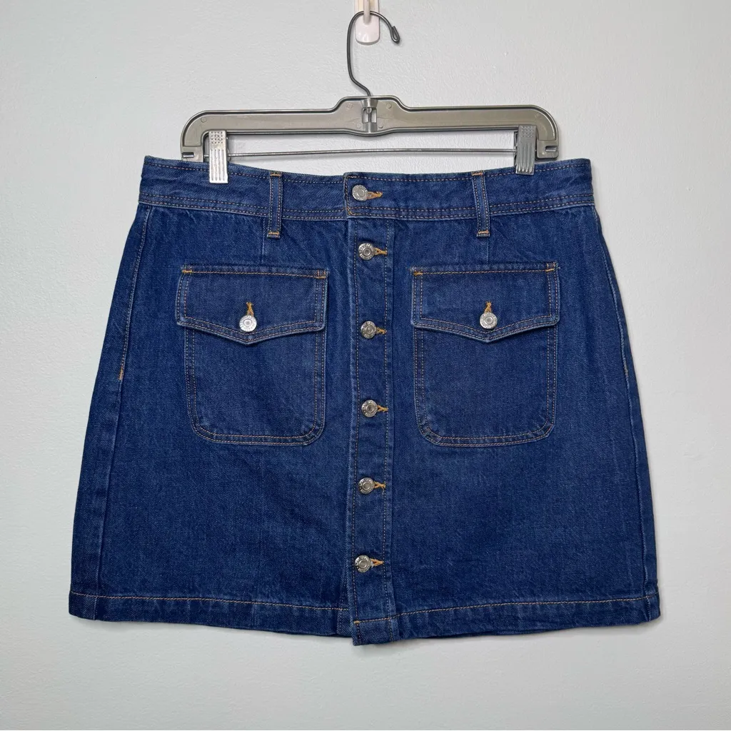 LOFT Patch Pocket Button Front Denim Mini Skirt in Deep Indigo Wash Size 10 - Image 4