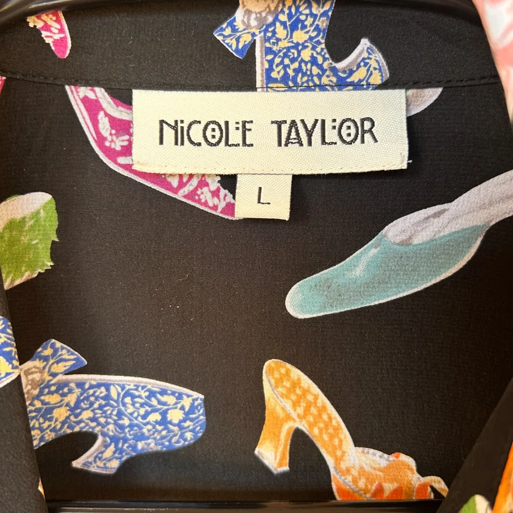 Nicole Taylor colorful heel print 100% silk with beading Novelty Size Large Black - Image 8