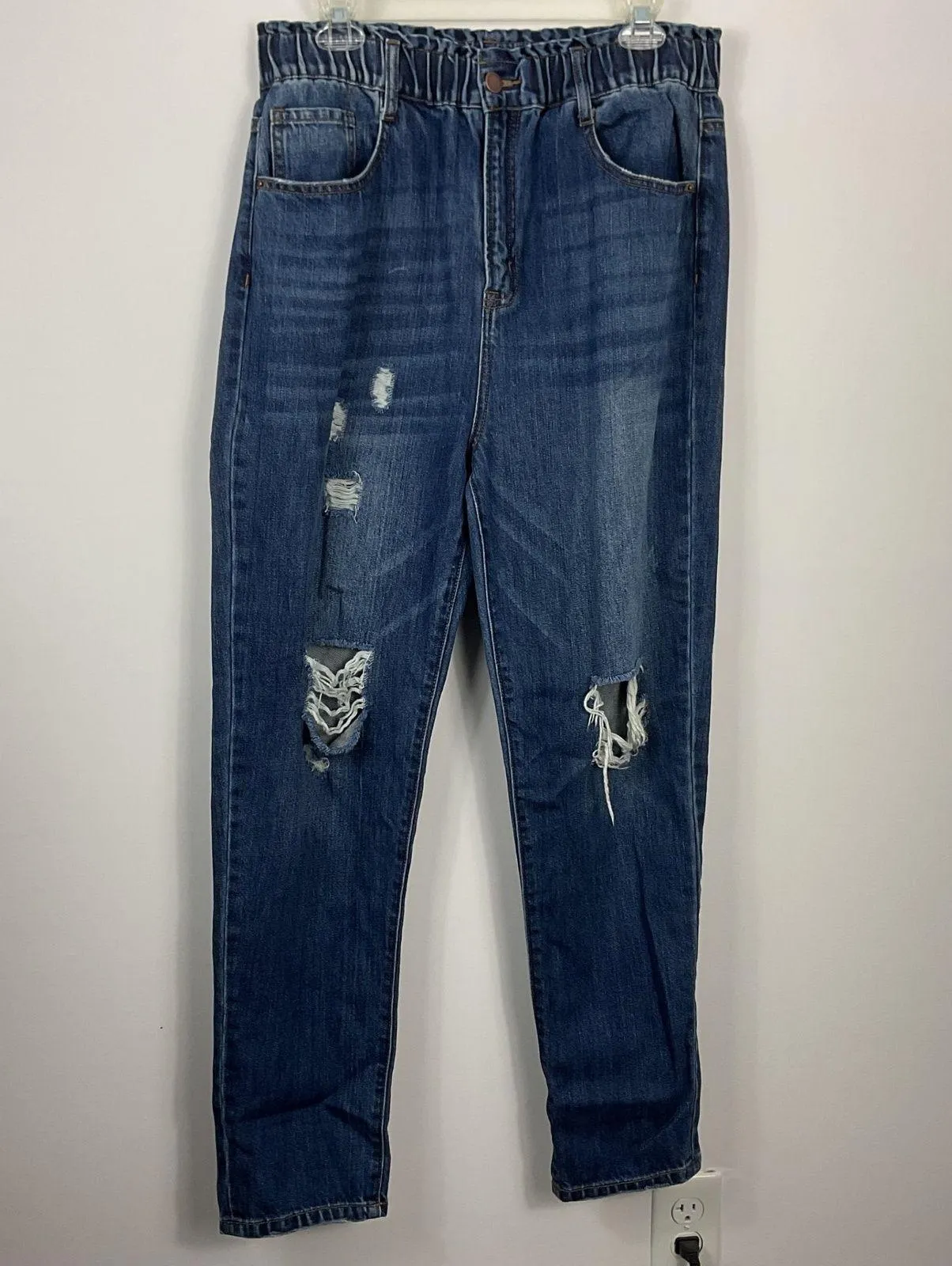 Risen Women's Distressed High Rise Elastic Waist Jeans Size 13 Blue - Image 1