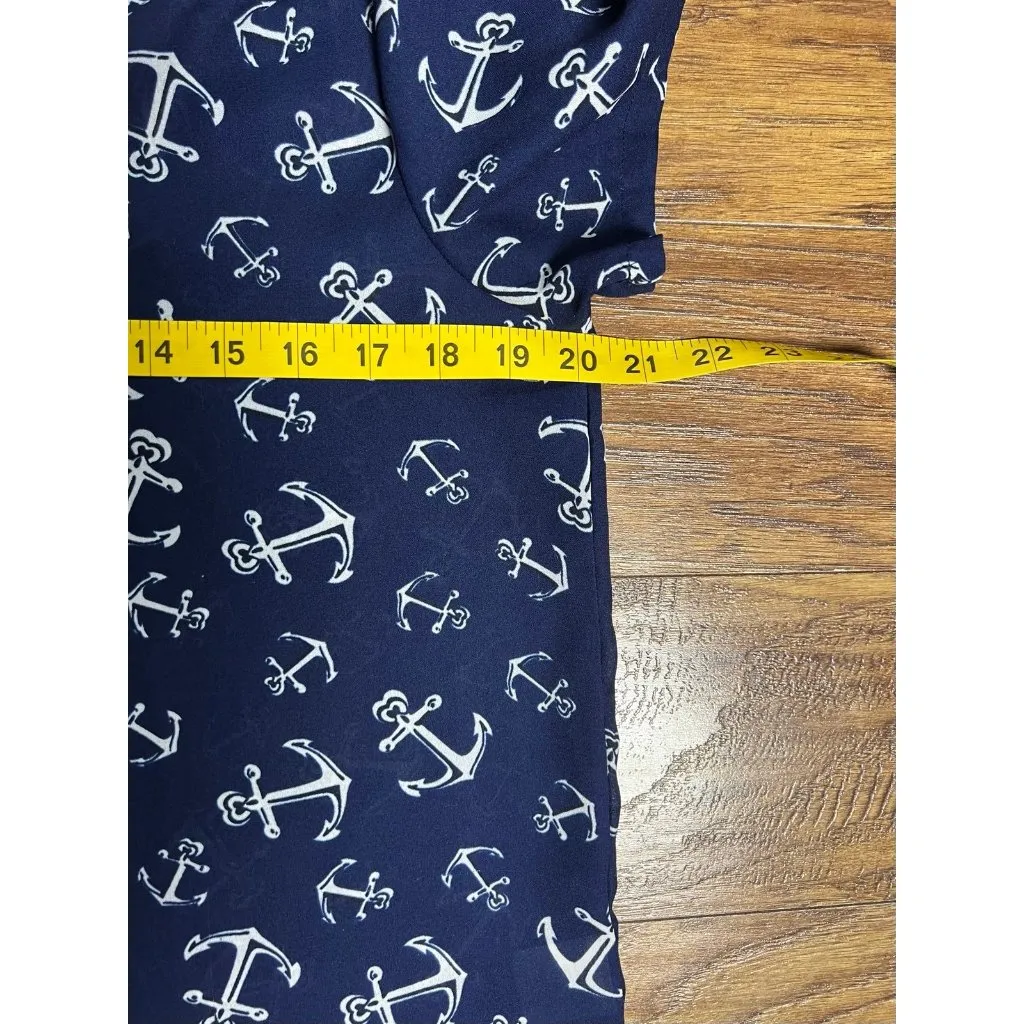 Nautical Sailor Anchor Shirt Blouse Top Medium Semi Sheer Hi-Lo Short Sleeve - Image 7