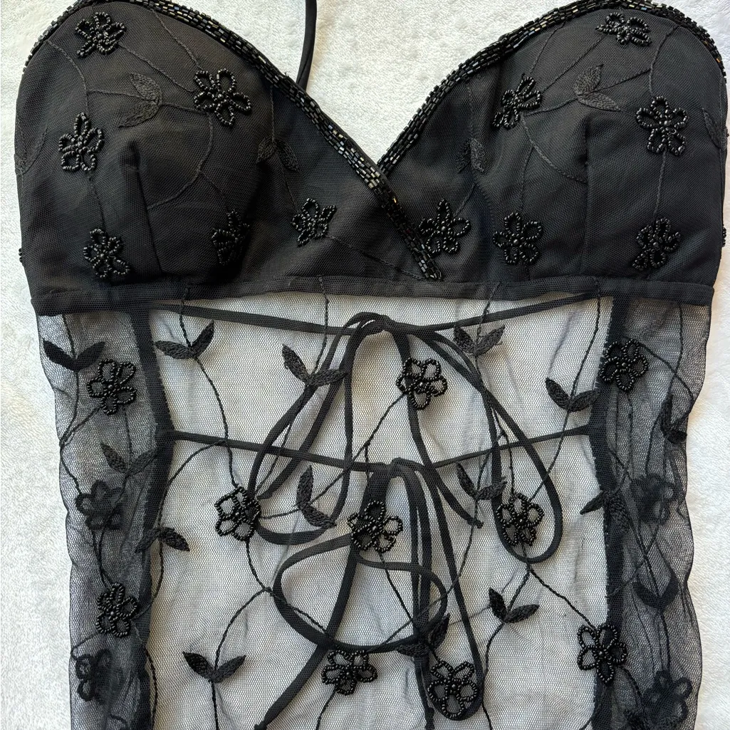 Black Sheer Floral Embroidered Halter Top - Image 3