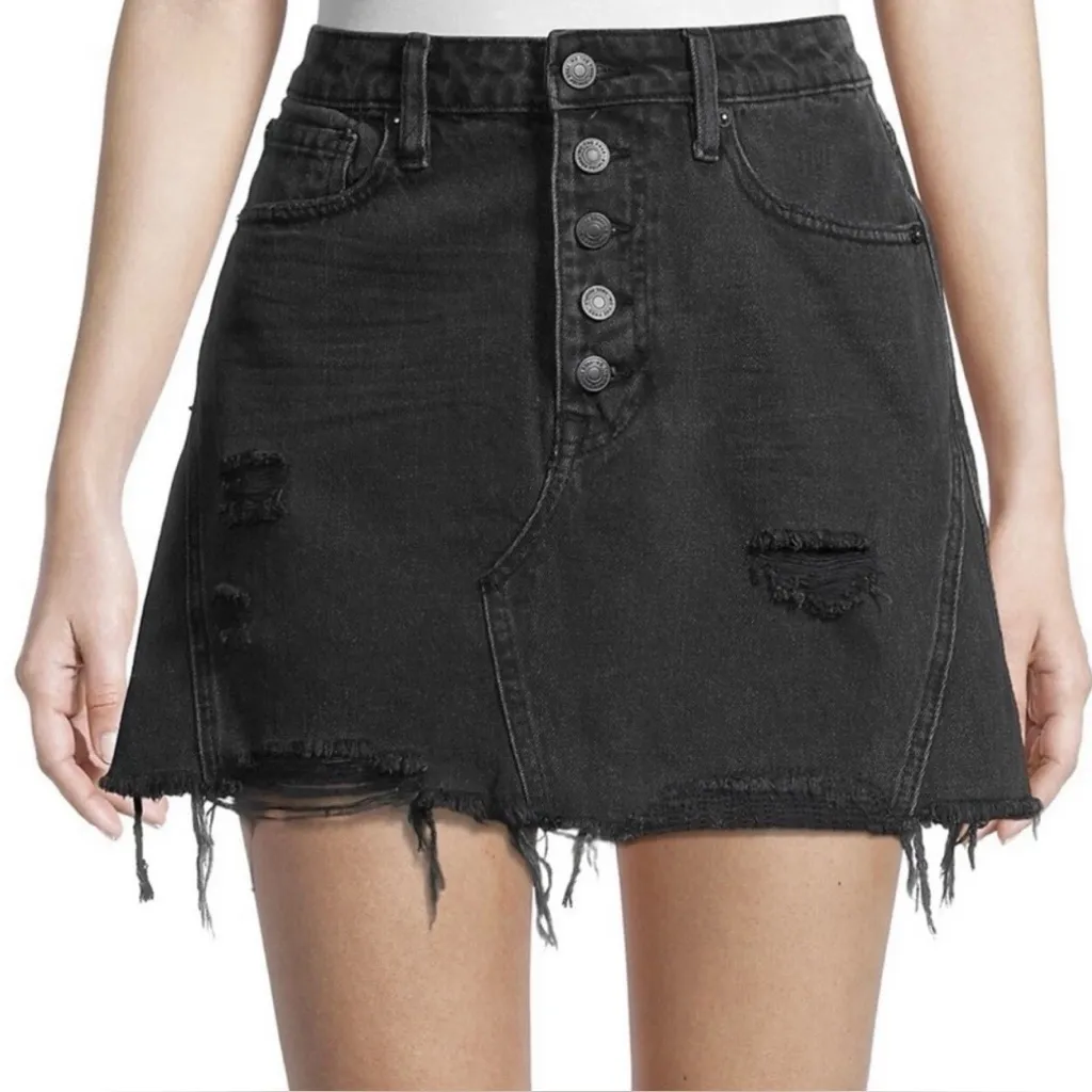 We The Free Black Button Fly Mini Skirt Jean Skirt Size 27 Distressed - Image 2