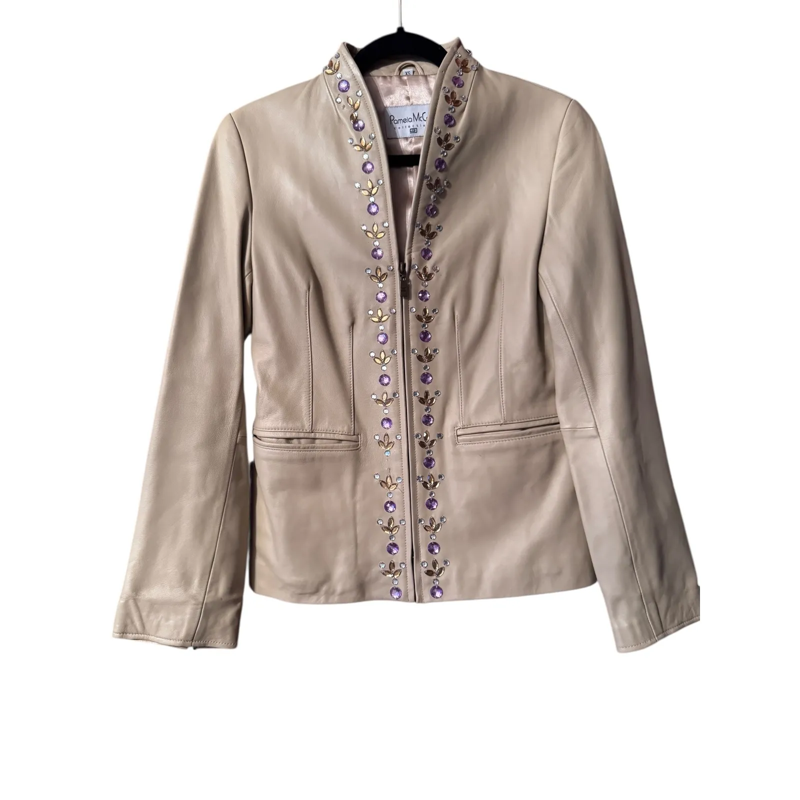 Pamela McCoy Collections Beaded Leather Jacket Tan Mandarin Collar Zip Front XS - Image 2