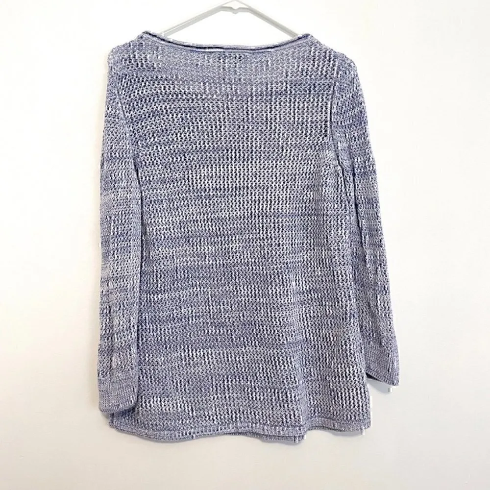 WHITE HOUSE BLACK MARKET WHBM Blue White Open Knit 3/4 Sleeve Cotton Sweater L - Image 10