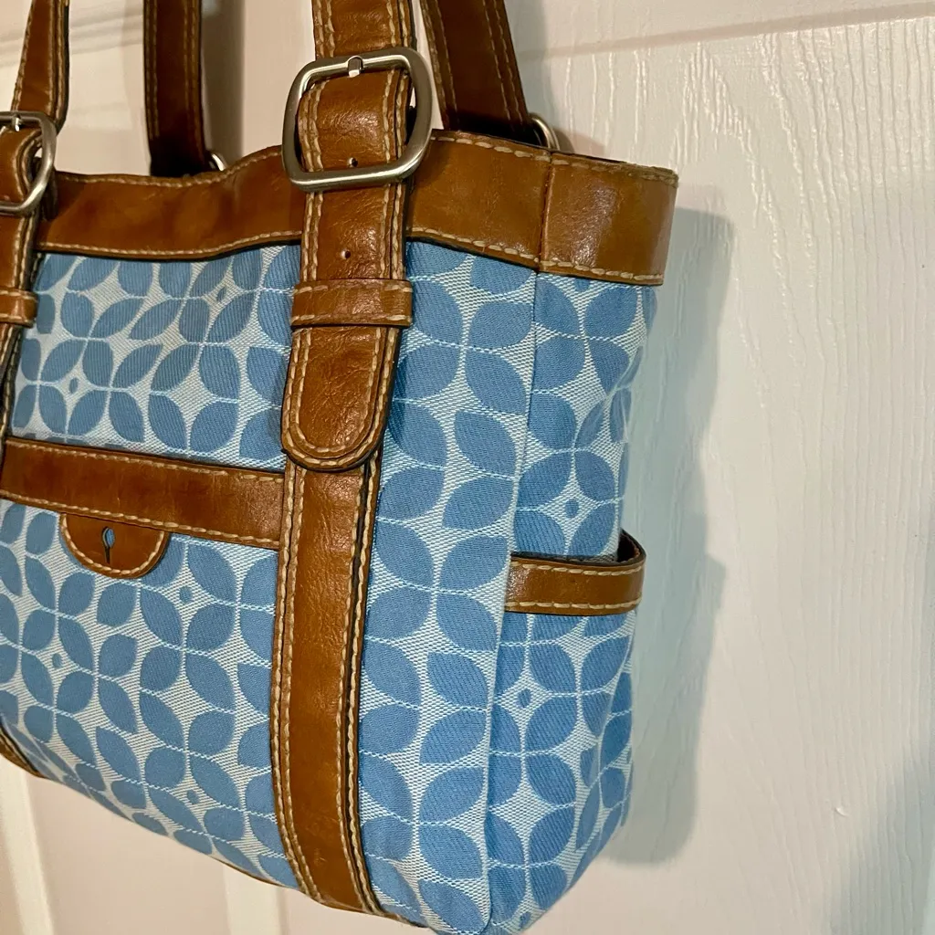 Fossil Blue And Ivory Floral Pattern Canvas Bag Brown Leather No Key - Image 4