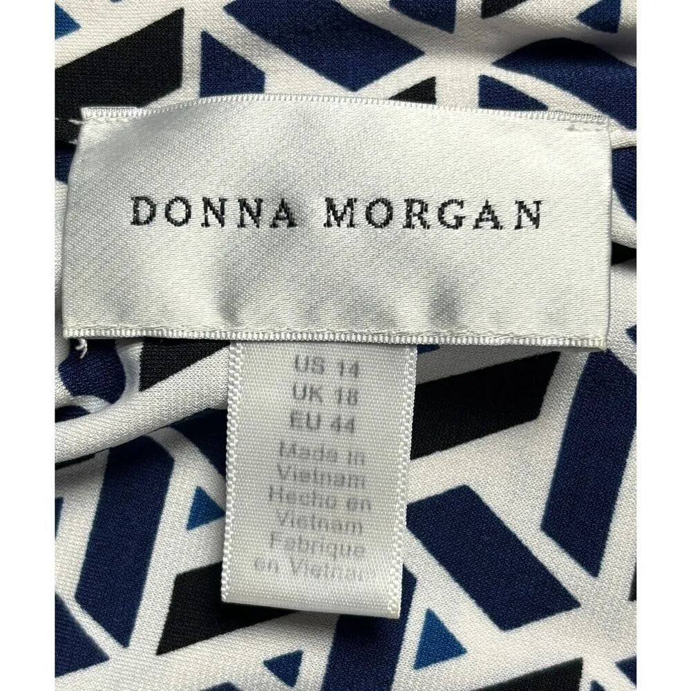 Donna Morgan Midi Dress Size 14 Tie Belt Artsy Geometric Blue Corpcore Office - Image 5
