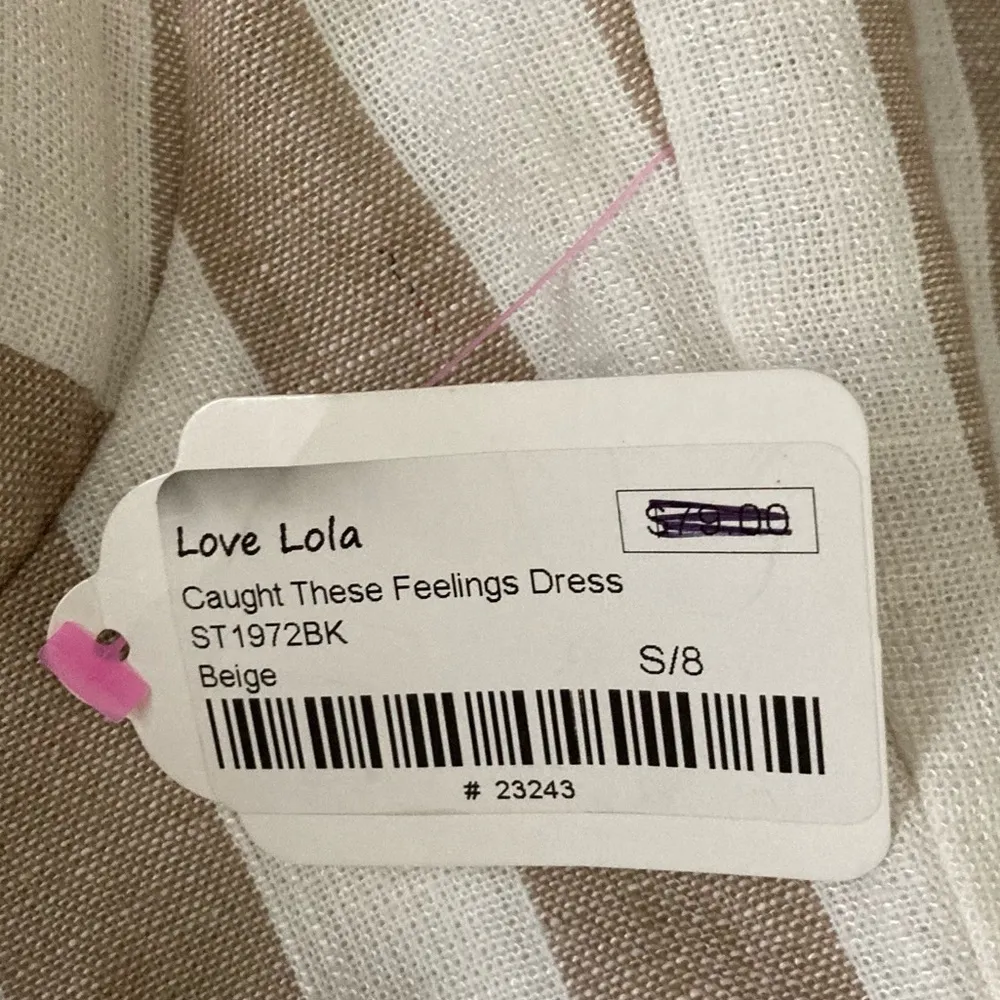 Saints + Secrets cotton wrap dress in beige white stripe with ruffle details. SM - Image 9