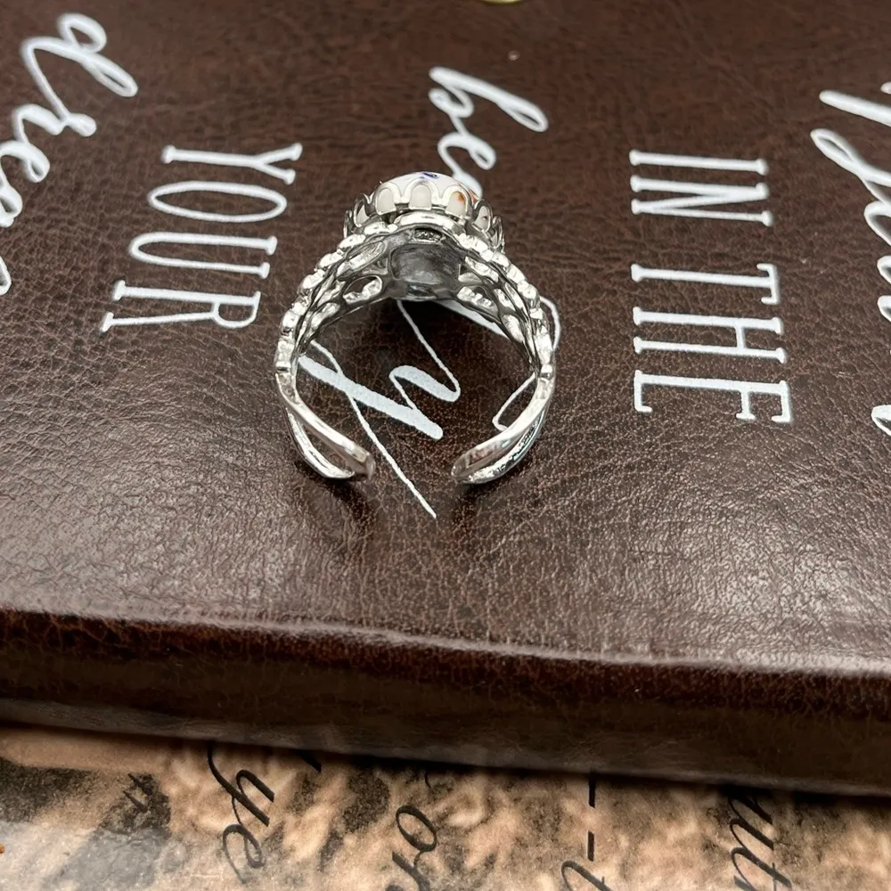 Vintage 1970s Colorful White Millefiori Cabochon Boho Style Stainless Steel Ring - Image 9