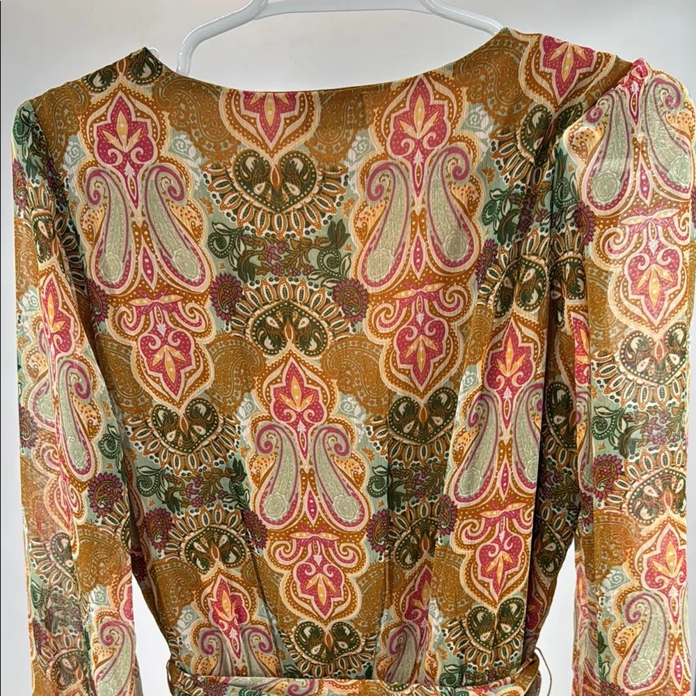 Justin Boots Pink tan maxi wrap Sheath Dress Bishop Sleeves paisley M ruffle - Image 4