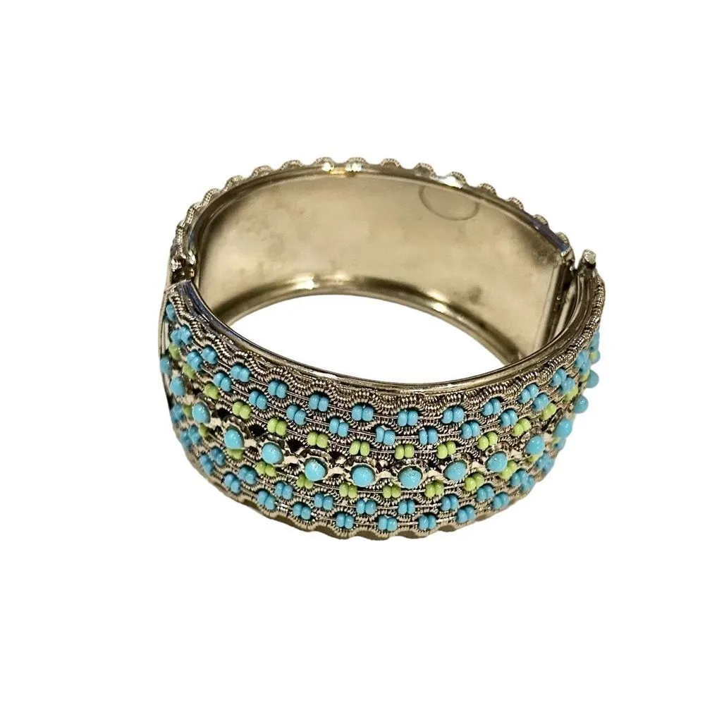 Vintage Boho Faux Turquoise Hinge Cuff Bracelet Silver Tone - Image 5