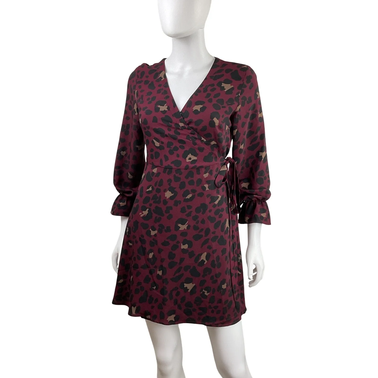 LOFT Petite Wrap Dress Leopard Print Burgundy Long Sleeve Tie Waist 4P - Image 3