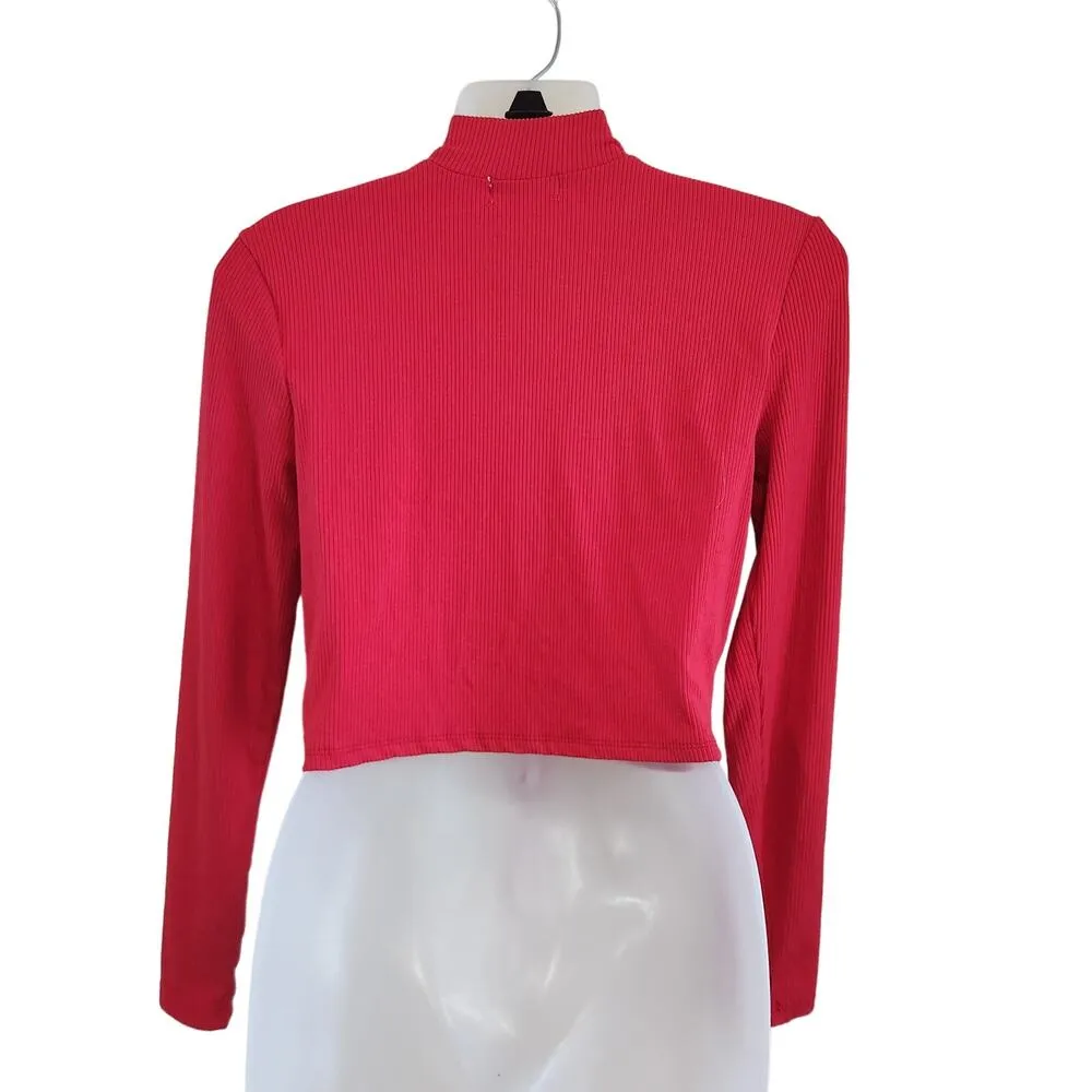 Full Circle Trends Ribbed Long Sleeve Cropped Top Ruched Tie Front Red Size L - Image 3