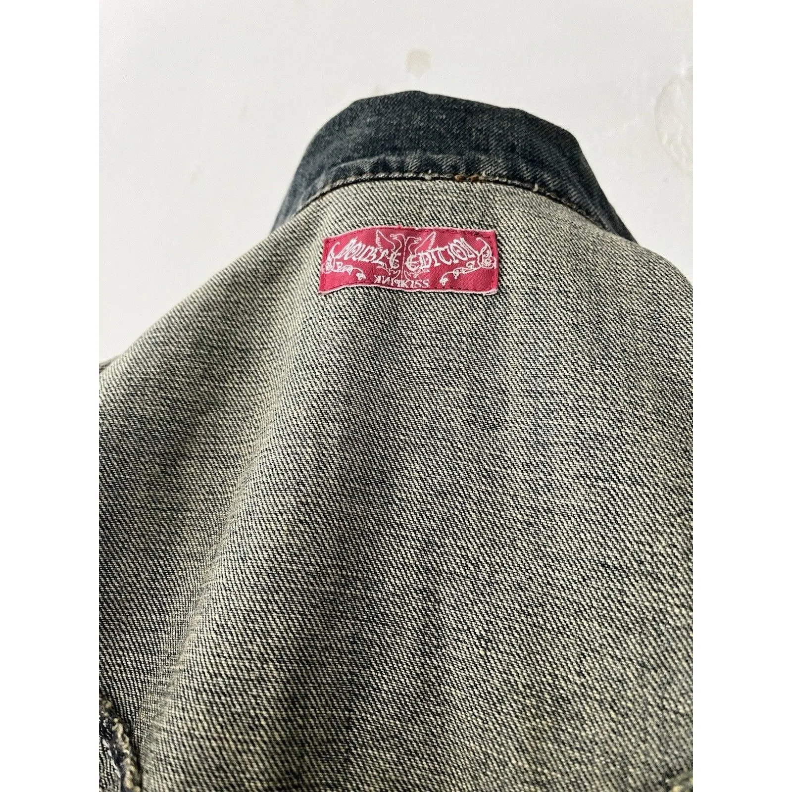 Y2k Double Edition Grunge Distressed Cropped Denim Jacket Size L Dark Blue Wash Size L - Image 3