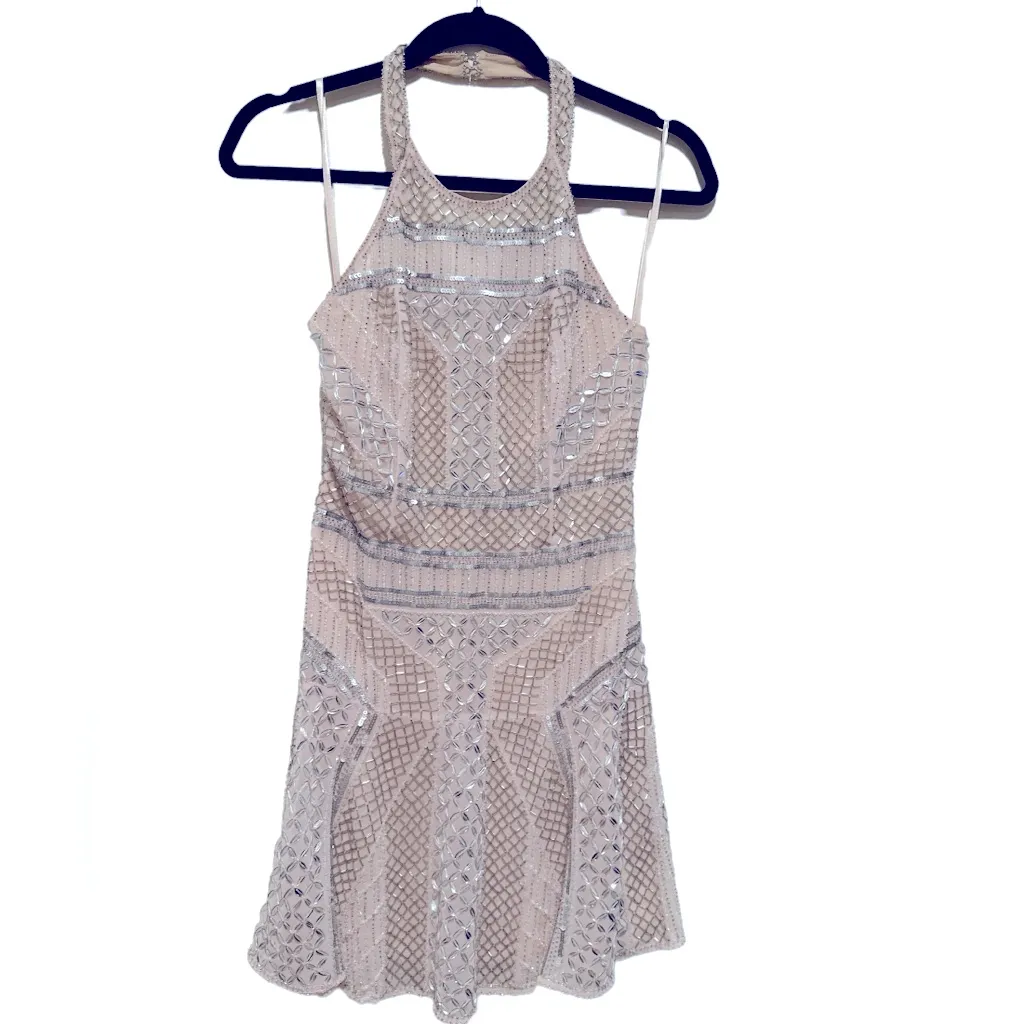 PARKER LEONA SILK BLUSH NEUTRAL SILVERTONE BEADED HALTER CUTOUT BACK MINI DRESS - Image 5