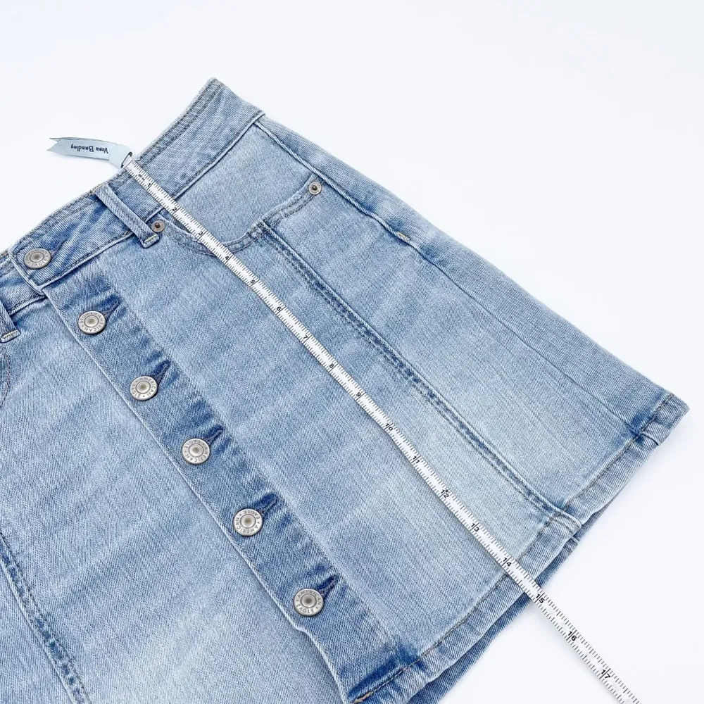 American Eagle Hi-Rise A-Line Mini Skirt Light Wash Denim Stretch Button Front 2 - Image 13