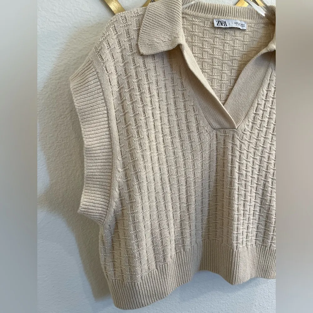 Zara Knit Polo Collared Vest Ecru Small Boxy Fit - Image 10