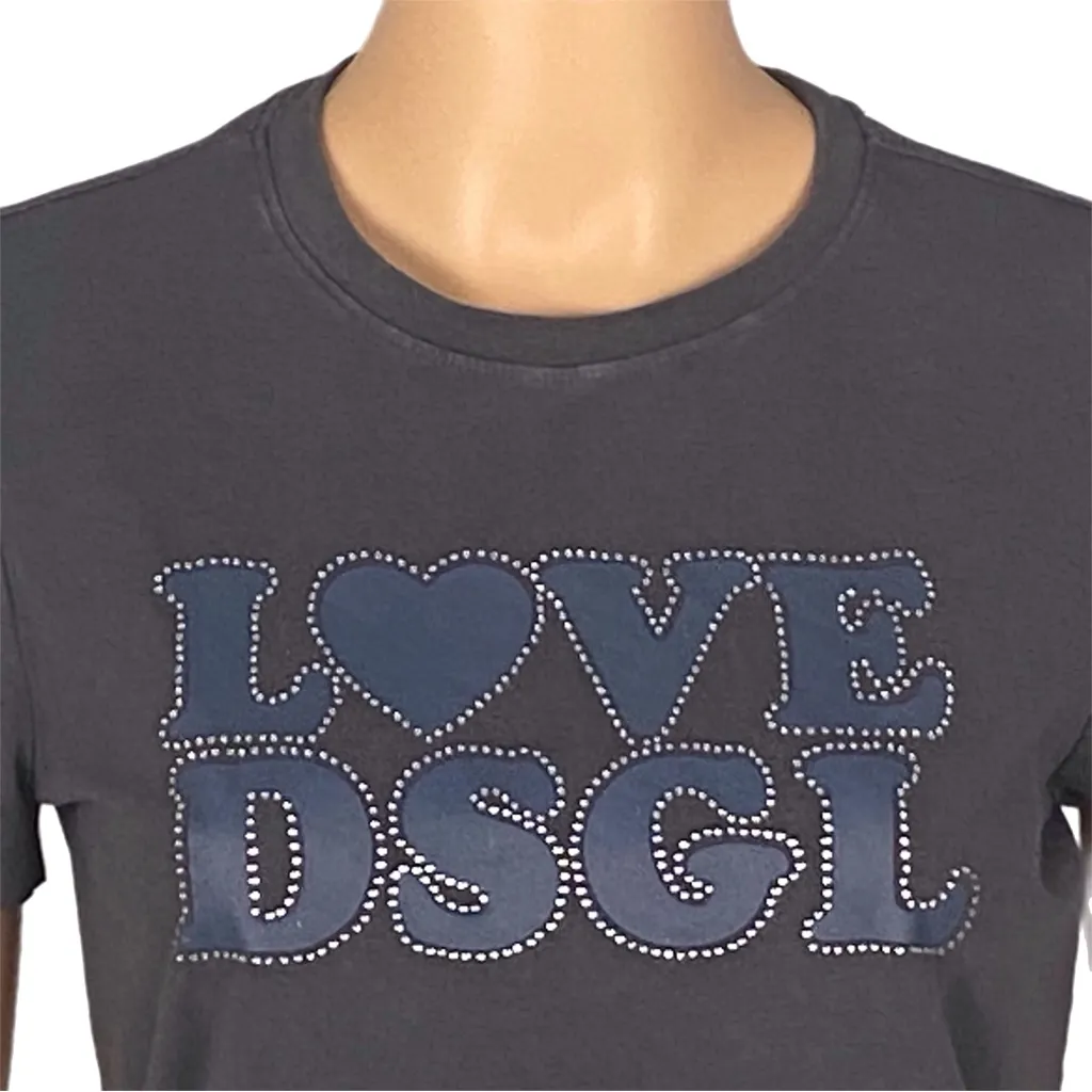 DESIGUAL dark grey tee with LOVE DSGL trimmed in tiny crystals Medium VGUC - Image 2