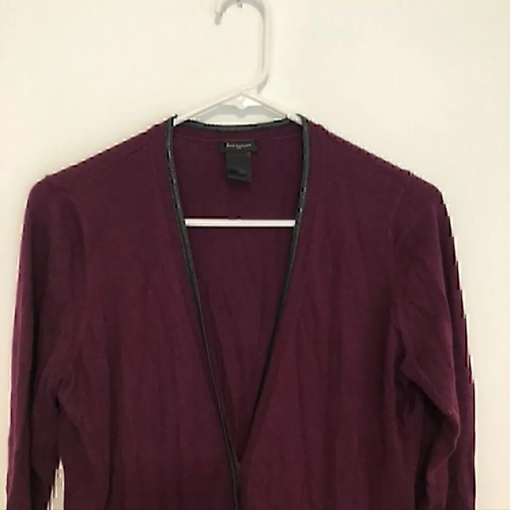 ANN TAYLOR Plum Purple Vegan Faux Leather Trim Button Down Cardigan Sweater M - Image 2