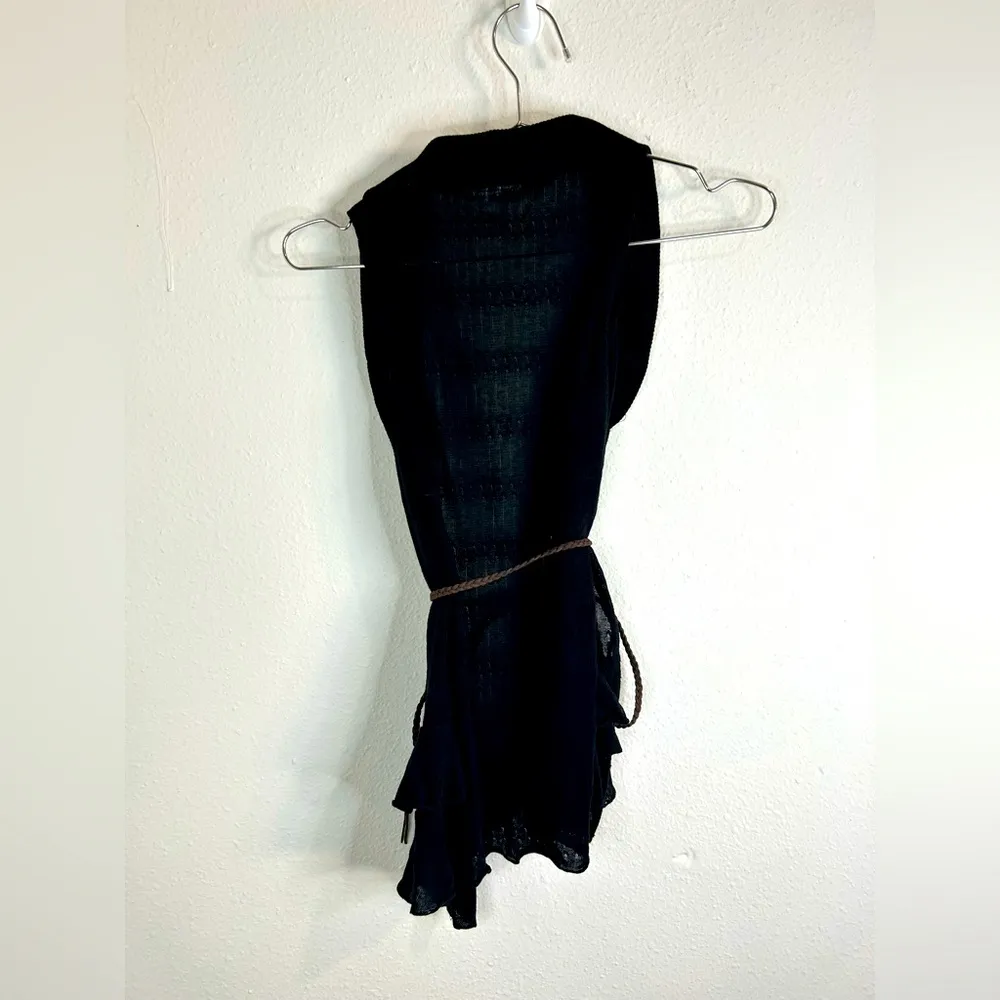 Belle du Jour Black Drape Vest Top S Boho Knit Sleeveless Open Belted Ruffle Hem - Image 7